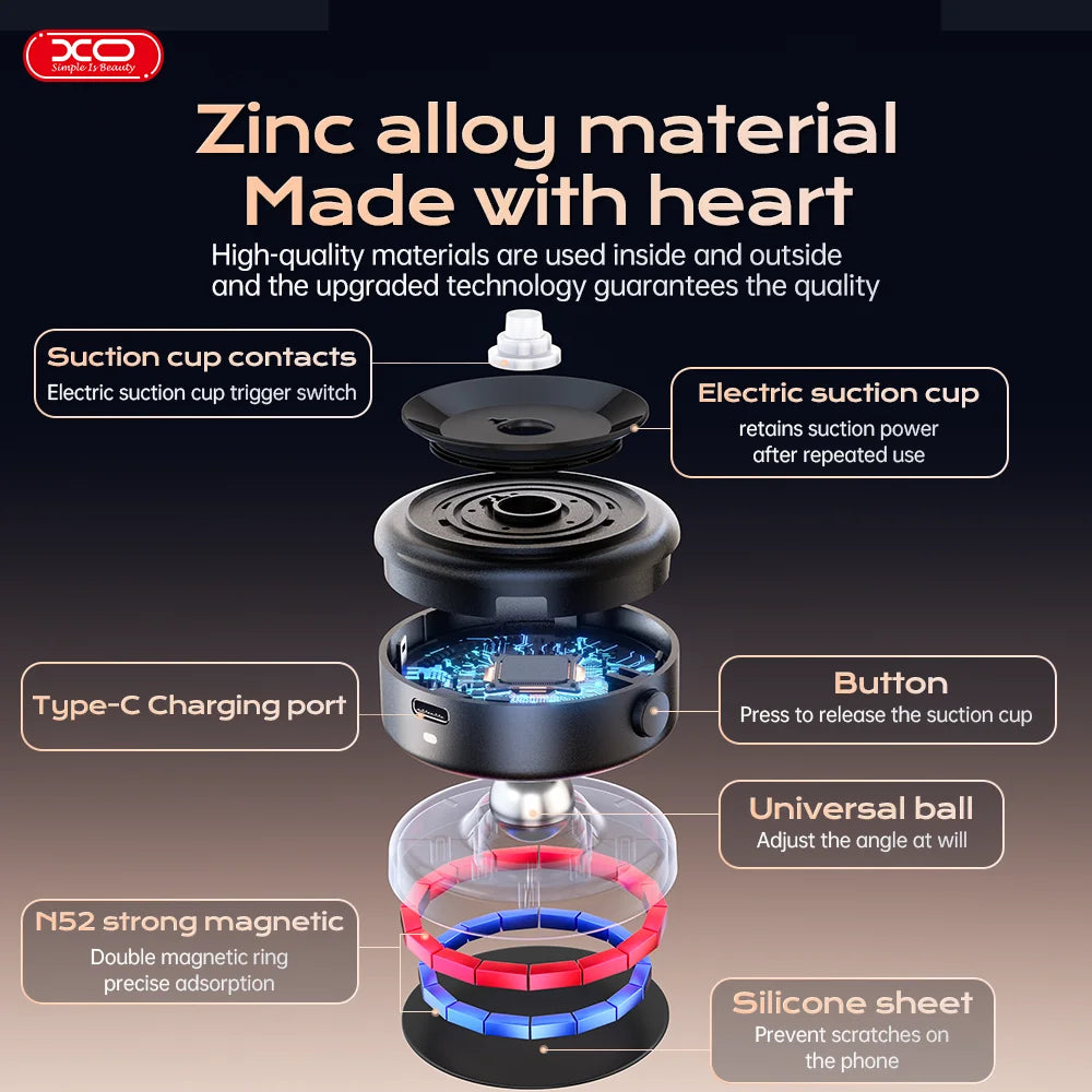 XO-C166 360° Rotatable Car Magnetic Vacuum Wireless Charger Phone Holder Charging Bracket Dashboard For iPhone Samsung Xiaomi