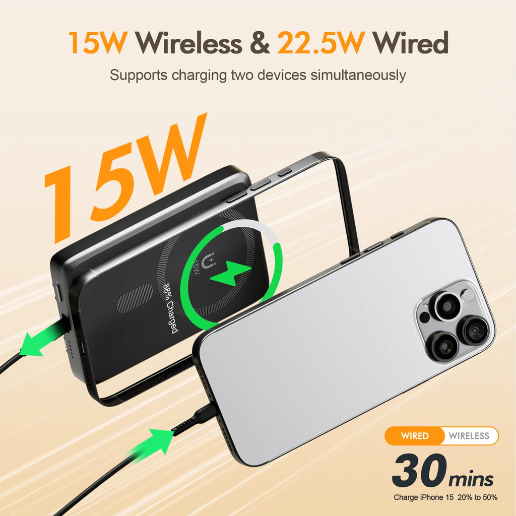 10000W Magnetic Power Bank Wireless Charger Portable Super Fast Charging 22.5W with USB C Cable For iPhone 16/15/14/13/12 Series