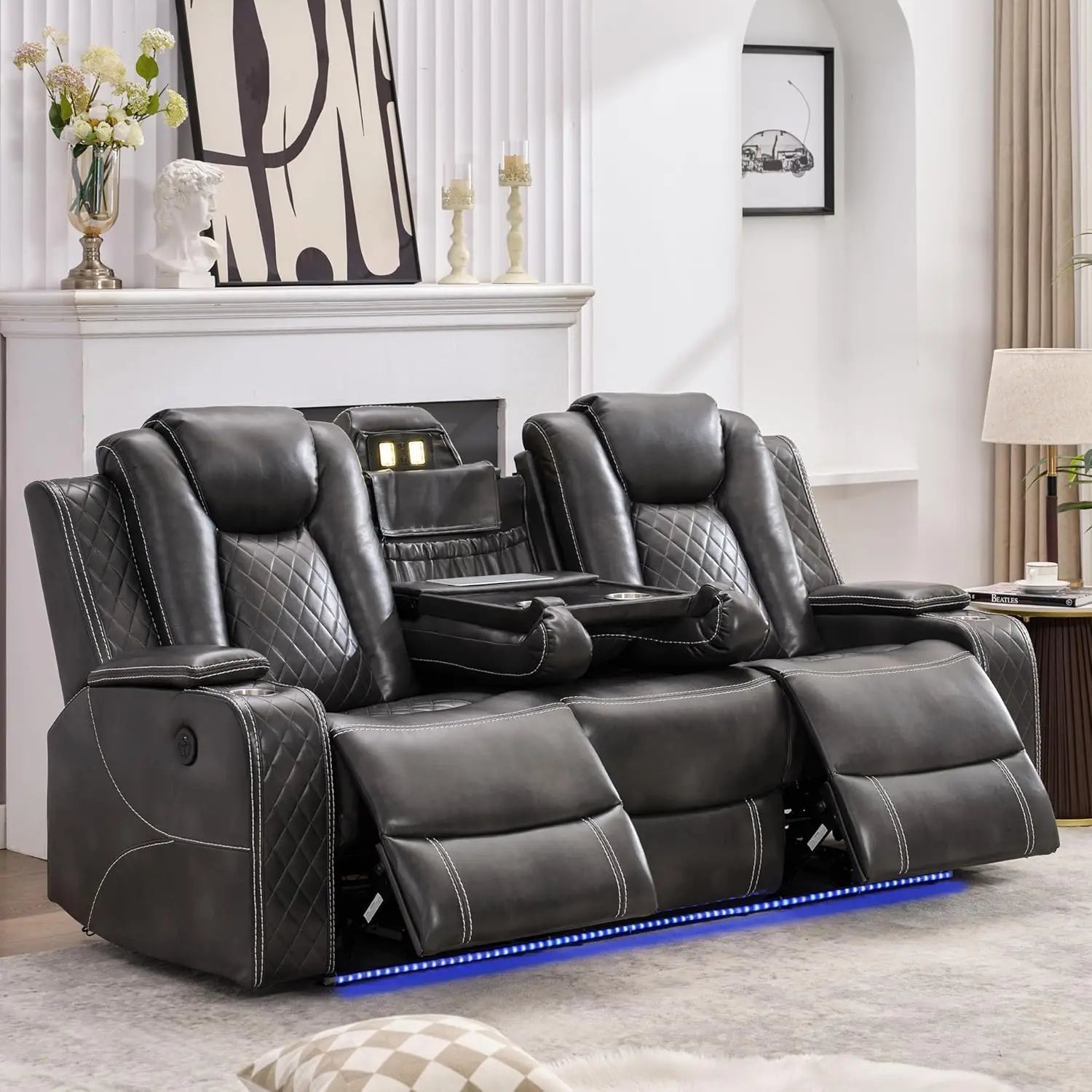 TODRANI Power Reclining Sofa 0 Gravity w/ Wireless Charger,LED Floor Lights,Reading Light, Drop-down Table USB/Type-C Port(070)