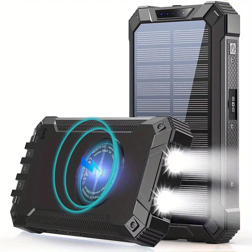 30000mAh Solar Mobile Power Bank Wireless Charger Built-in 4 Cables Six Outputs 15W Fast Charging Mobile Power Bank Suitable For